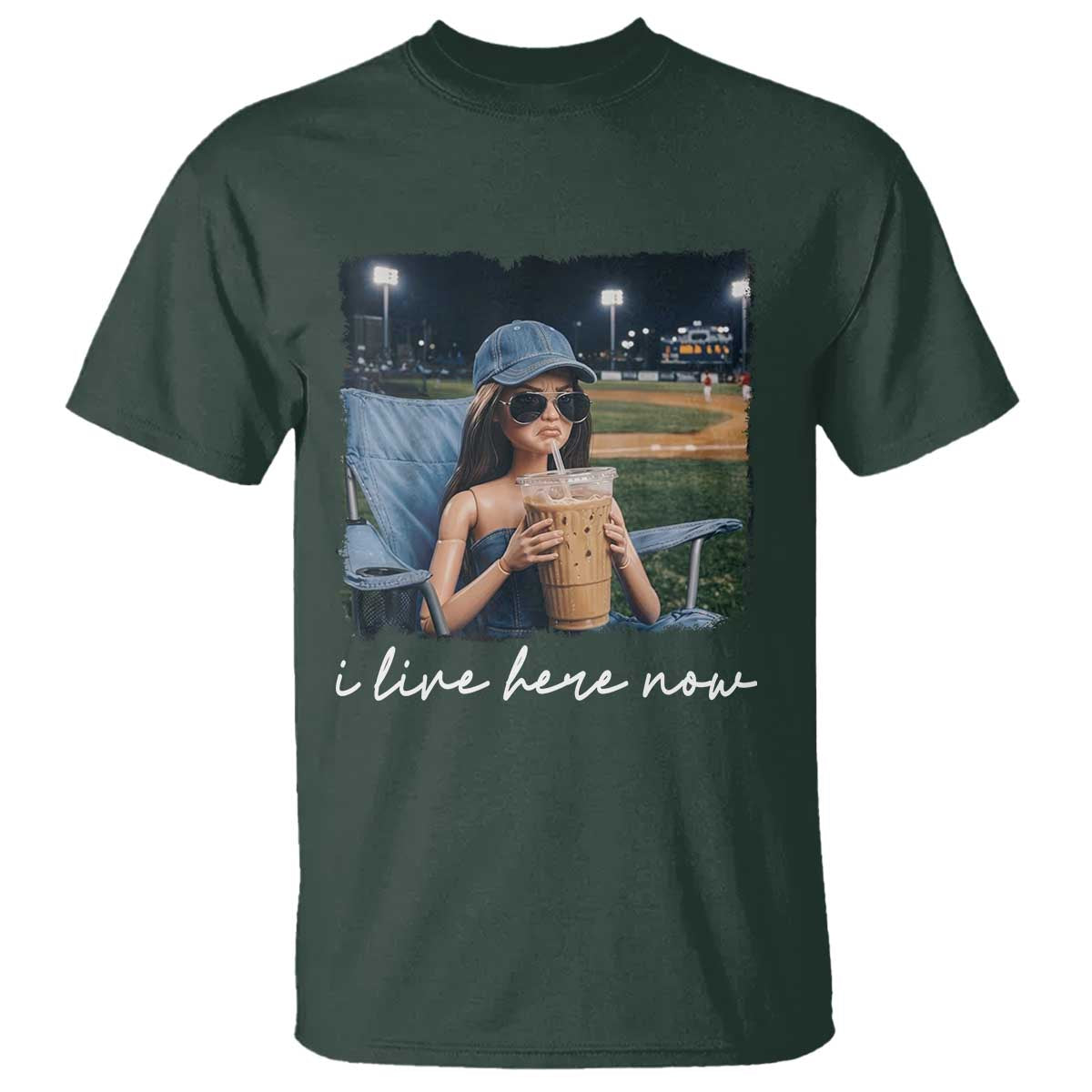 I Live Here Now Funny Doll Face Meme Baseball Lover T Shirt Game Day Reaction Sports Fan Gift TS02 Dark Forest Green Print Your Wear