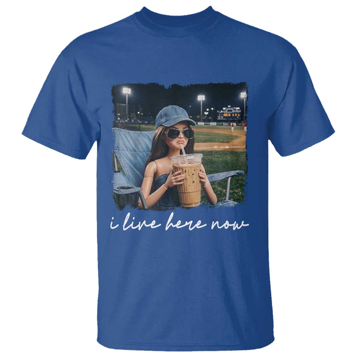 I Live Here Now Funny Doll Face Meme Baseball Lover T Shirt Game Day Reaction Sports Fan Gift TS02 Royal Blue Print Your Wear