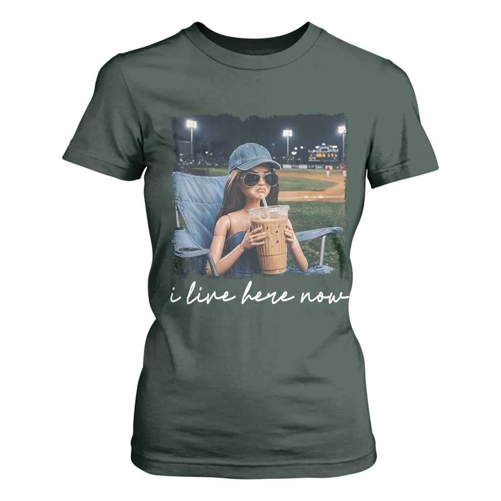 I Live Here Now Funny Doll Face Meme Baseball Lover T Shirt For Women Game Day Reaction Sports Fan Gift TS02 Dark Forest Green Print Your Wear