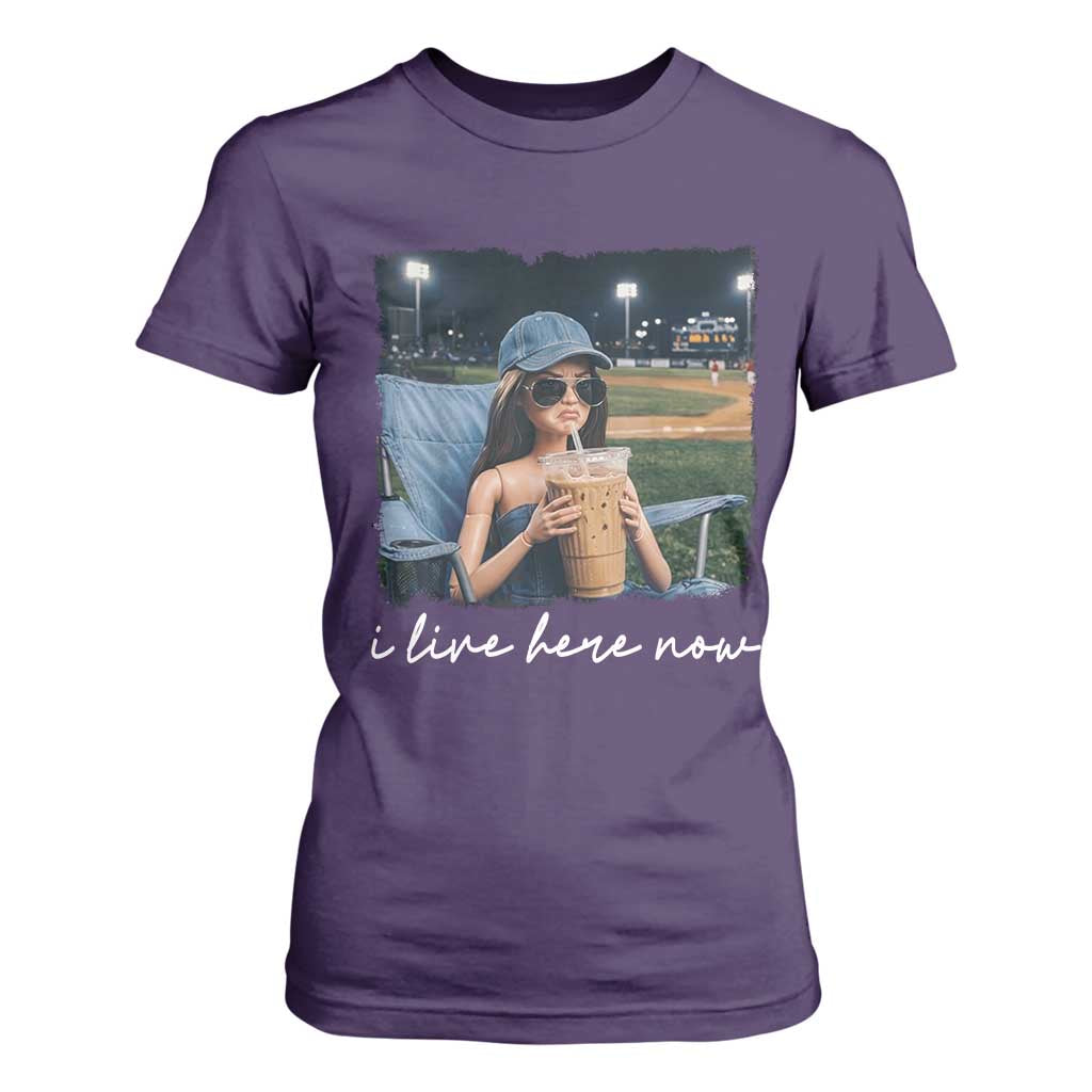 I Live Here Now Funny Doll Face Meme Baseball Lover T Shirt For Women Game Day Reaction Sports Fan Gift TS02 Purple Print Your Wear