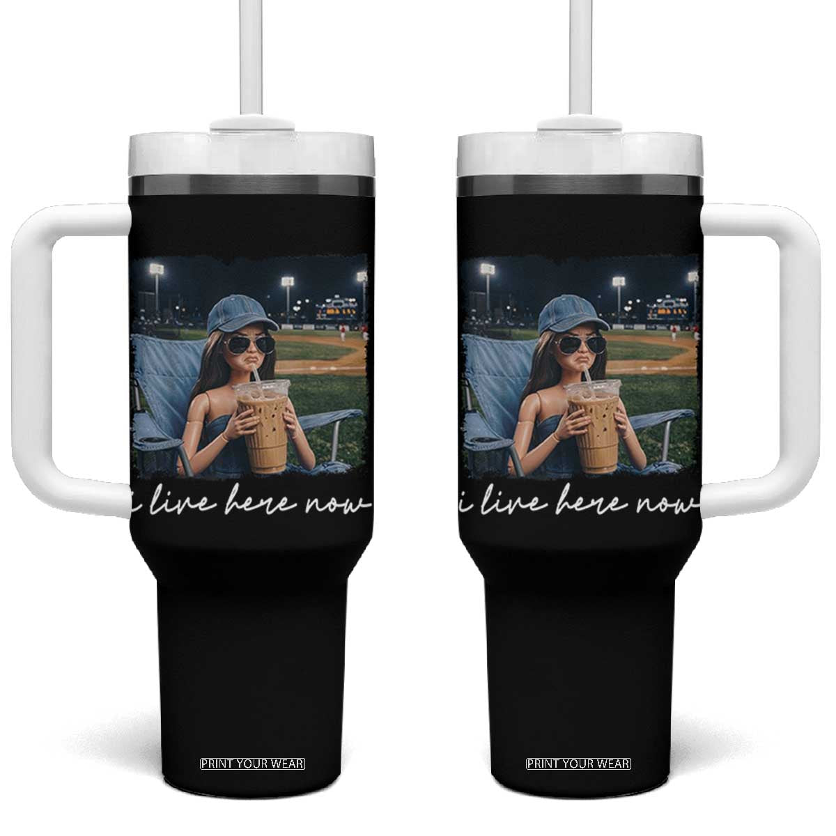 I Live Here Now Funny Doll Face Meme Baseball Lover Tumbler With Handle Game Day Reaction Sports Fan Gift TS02 One Size: 40 oz Black Print Your Wear