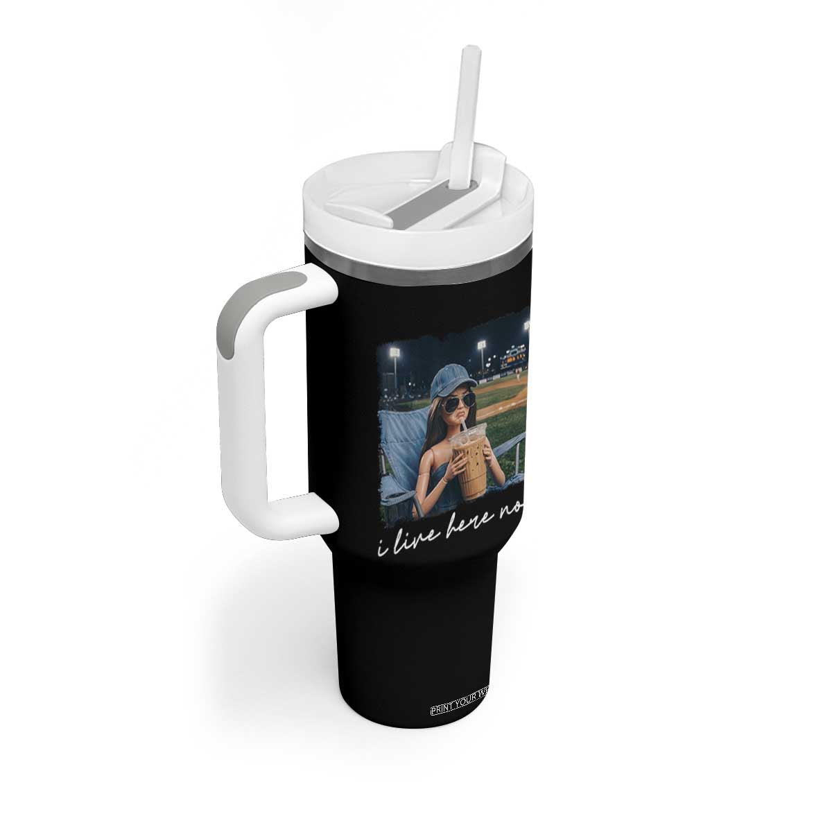 I Live Here Now Funny Doll Face Meme Baseball Lover Tumbler With Handle Game Day Reaction Sports Fan Gift TS02 Print Your Wear