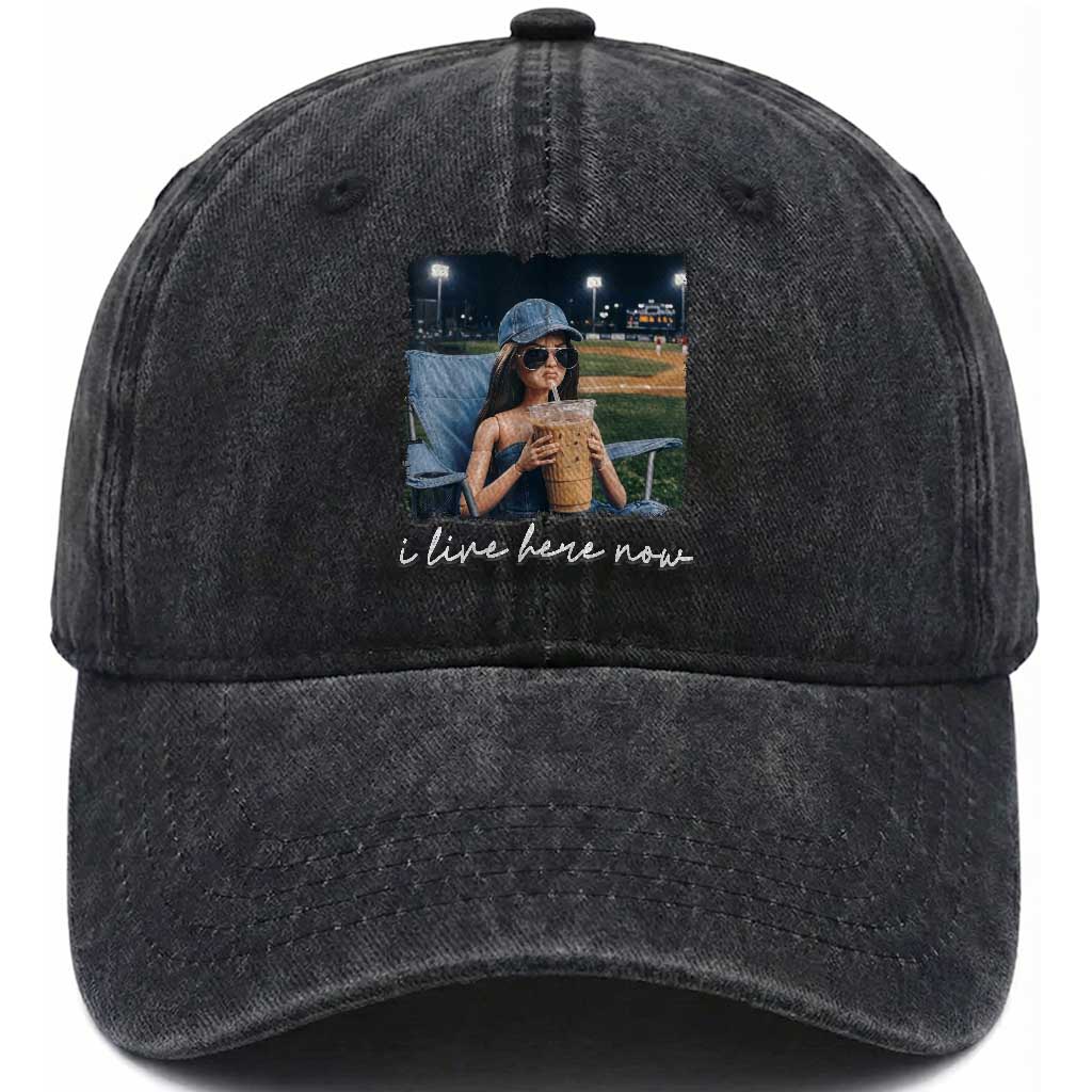 I Live Here Now Funny Doll Face Meme Baseball Lover Washed Cotton Baseball Cap Game Day Reaction Sports Fan Gift TS02 Print Your Wear