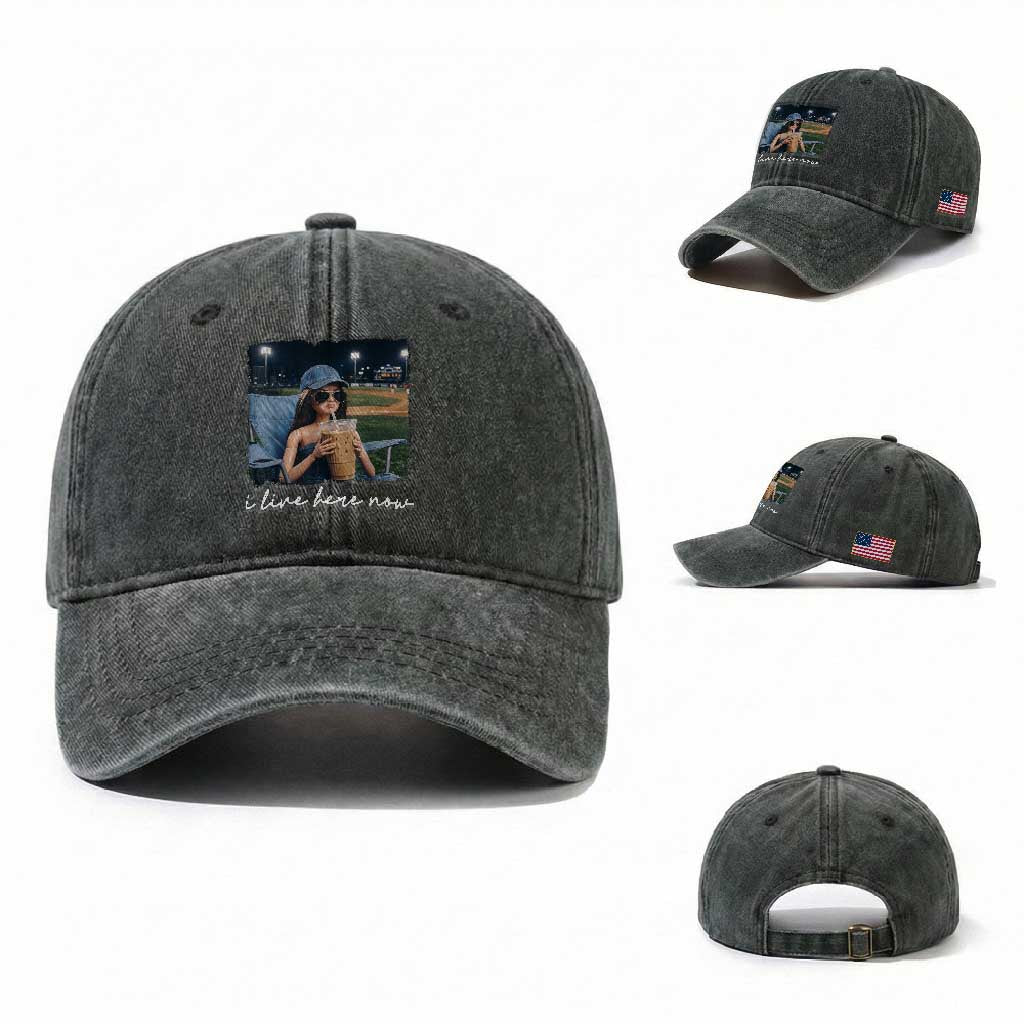 I Live Here Now Funny Doll Face Meme Baseball Lover Washed Cotton Baseball Cap Game Day Reaction Sports Fan Gift TS02 Washed Cap Universal Fit Dark Green Print Your Wear