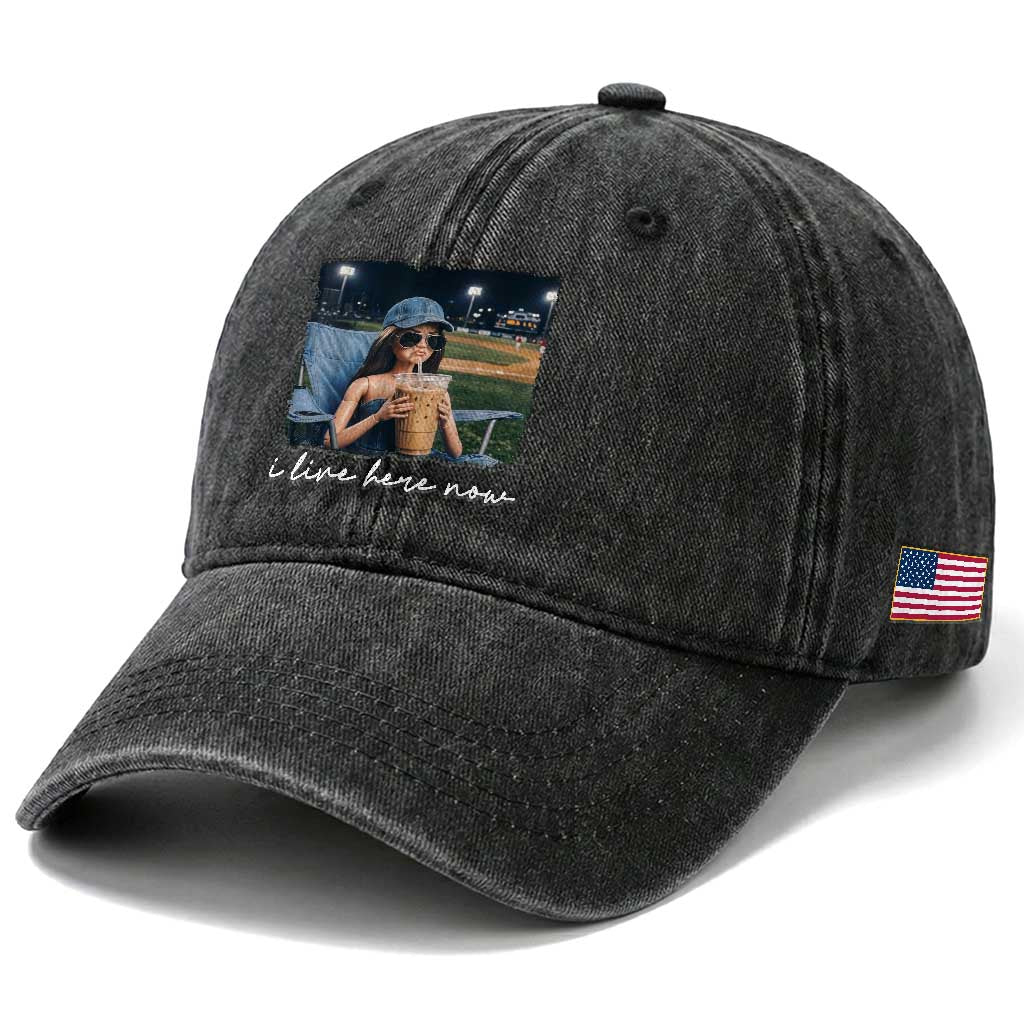 I Live Here Now Funny Doll Face Meme Baseball Lover Washed Cotton Baseball Cap Game Day Reaction Sports Fan Gift TS02 Print Your Wear
