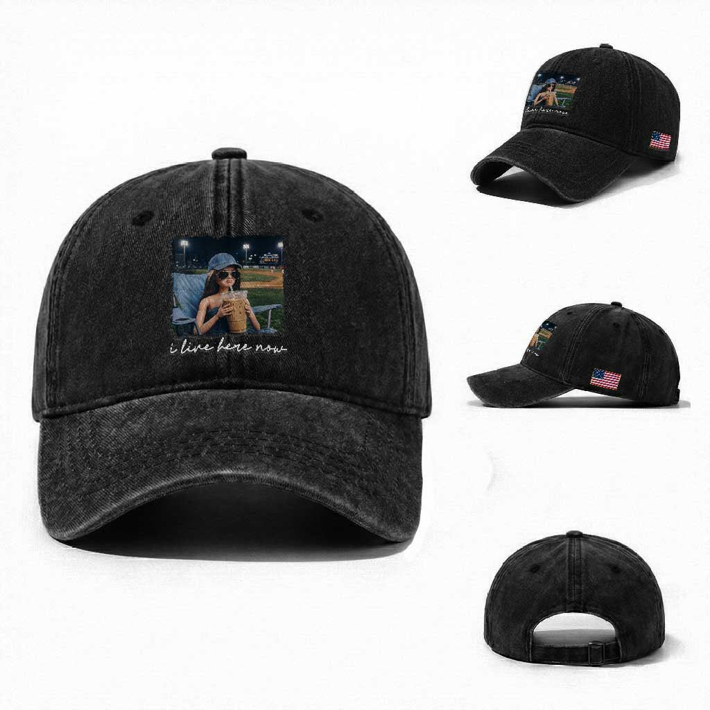 I Live Here Now Funny Doll Face Meme Baseball Lover Washed Cotton Baseball Cap Game Day Reaction Sports Fan Gift TS02 Washed Cap Universal Fit Black Print Your Wear