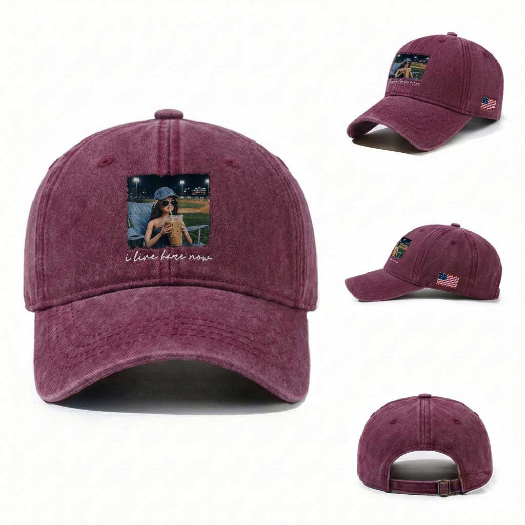 I Live Here Now Funny Doll Face Meme Baseball Lover Washed Cotton Baseball Cap Game Day Reaction Sports Fan Gift TS02 Washed Cap Universal Fit Burgundy Print Your Wear
