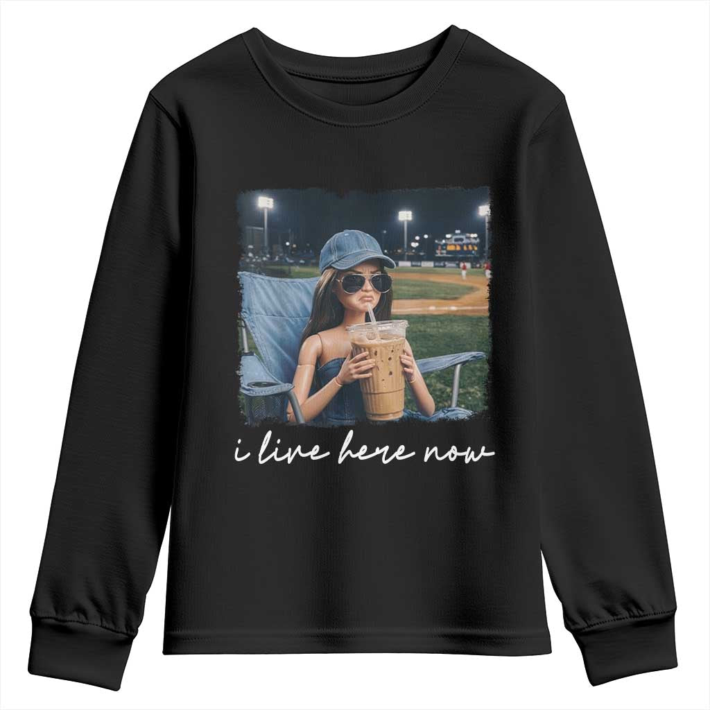 I Live Here Now Funny Doll Face Meme Baseball Lover Youth Sweatshirt Game Day Reaction Sports Fan Gift TS02 Black Print Your Wear
