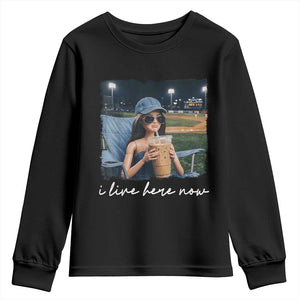I Live Here Now Funny Doll Face Meme Baseball Lover Youth Sweatshirt Game Day Reaction Sports Fan Gift TS02 Black Print Your Wear