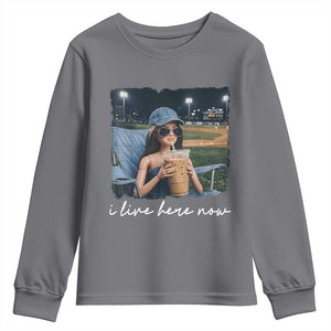 I Live Here Now Funny Doll Face Meme Baseball Lover Youth Sweatshirt Game Day Reaction Sports Fan Gift TS02 Charcoal Print Your Wear