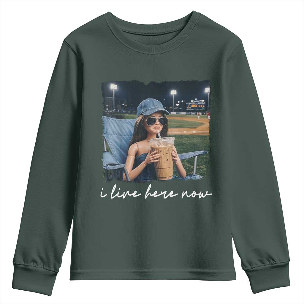 I Live Here Now Funny Doll Face Meme Baseball Lover Youth Sweatshirt Game Day Reaction Sports Fan Gift TS02 Dark Forest Green Print Your Wear