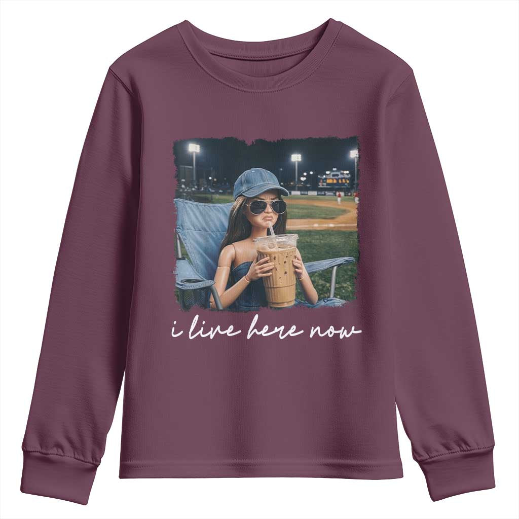 I Live Here Now Funny Doll Face Meme Baseball Lover Youth Sweatshirt Game Day Reaction Sports Fan Gift TS02 Maroon Print Your Wear
