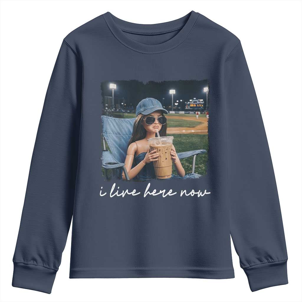 I Live Here Now Funny Doll Face Meme Baseball Lover Youth Sweatshirt Game Day Reaction Sports Fan Gift TS02 Navy Print Your Wear