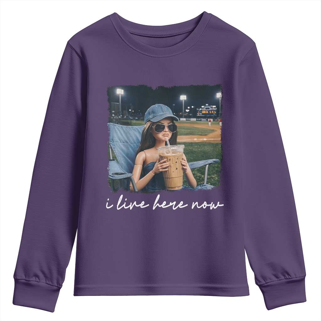I Live Here Now Funny Doll Face Meme Baseball Lover Youth Sweatshirt Game Day Reaction Sports Fan Gift TS02 Purple Print Your Wear