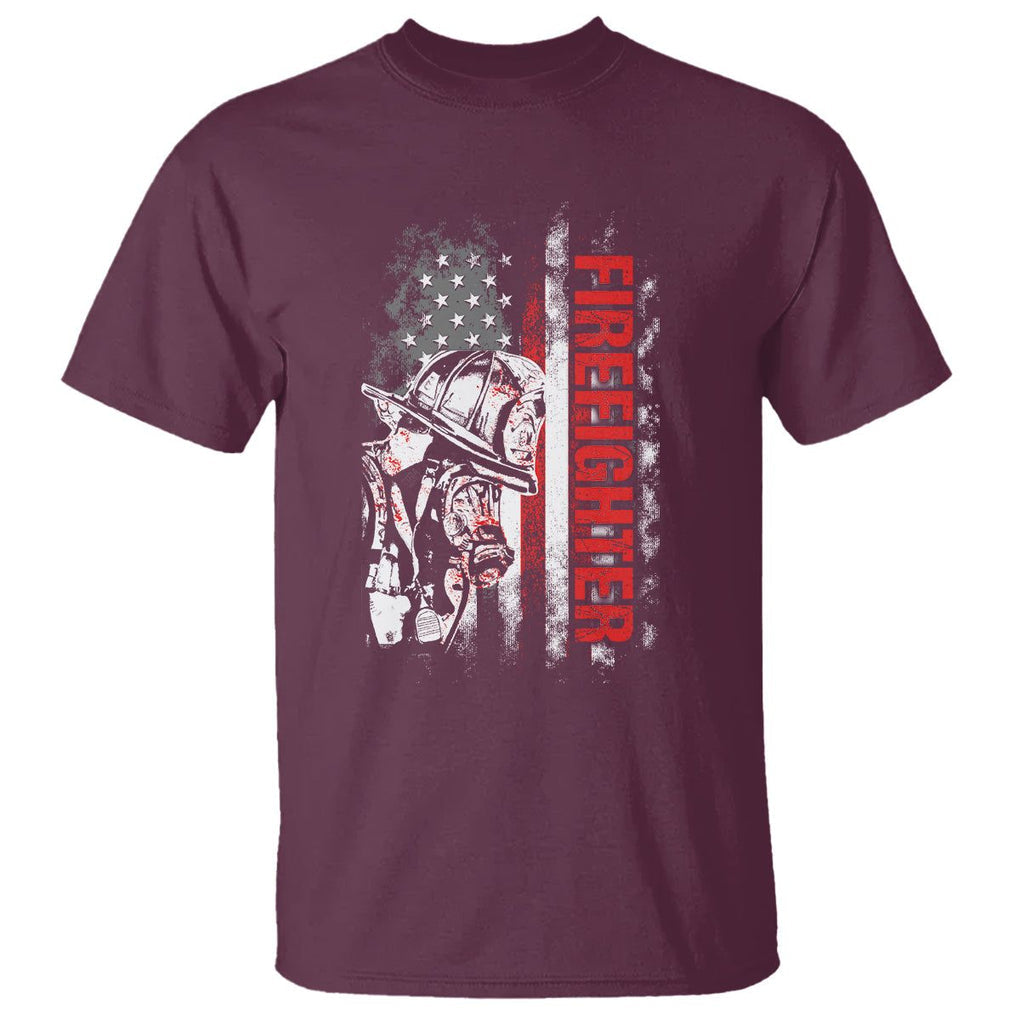 Firefighter T Shirt Fireman American Flag Thin Red Line TS02 Maroon Printyourwear