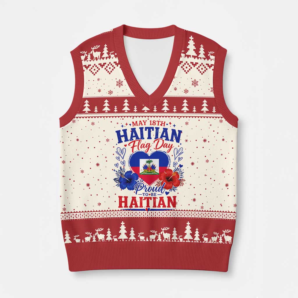 May 18th Haitian Flag Day Floral Hibiscus V-Neck Knit Sweater Vest Proud To Be Haitian Heritage Pride TS02 Beige Red Print Your Wear