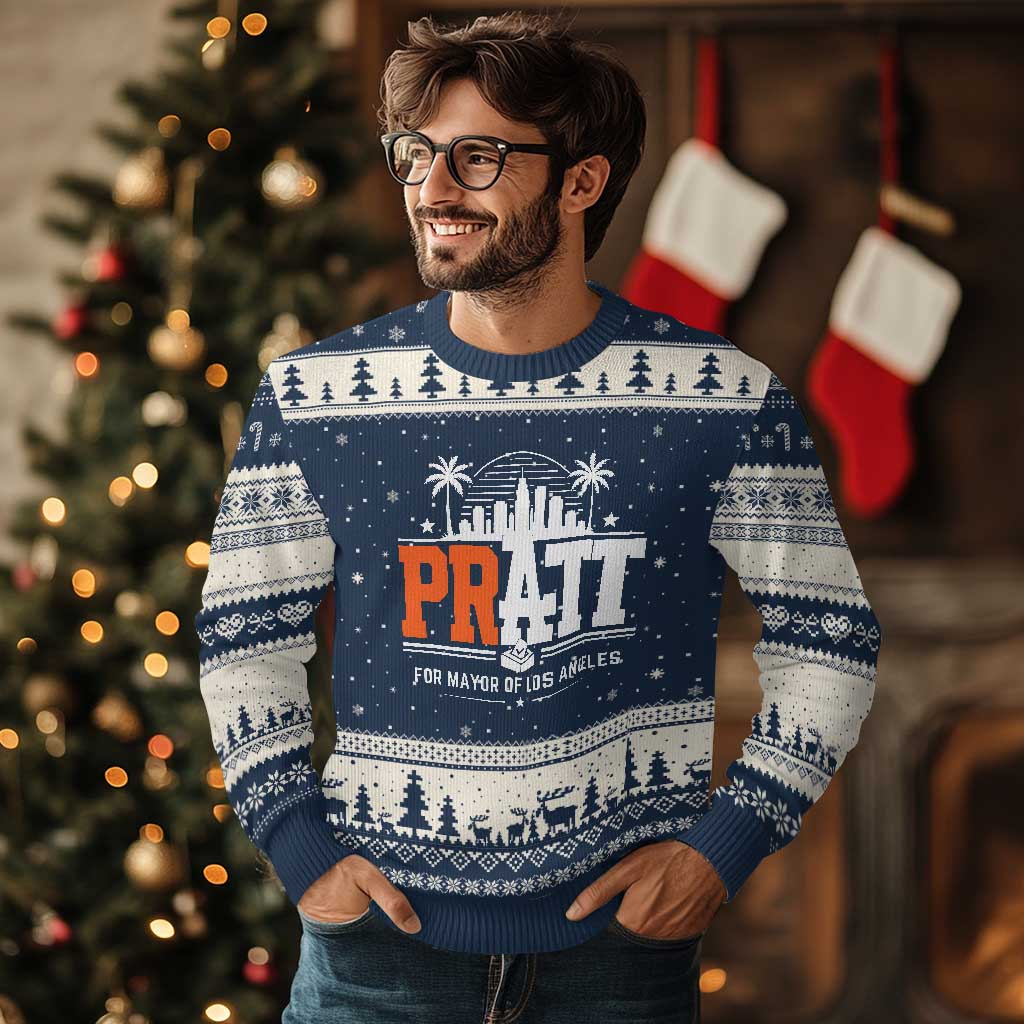 Pratt for Mayor of Los Angeles Retro Skyline Graphic Ugly Christmas Sweater Support Local Leadership LA City California Pride TS02 Navy Beige Print Your Wear