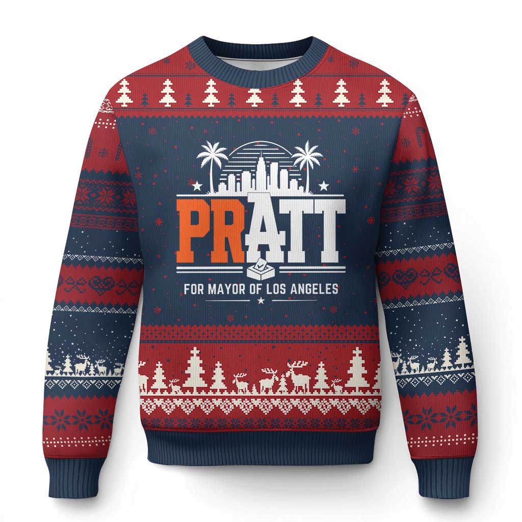 Pratt for Mayor of Los Angeles Retro Skyline Graphic Ugly Christmas Sweater Support Local Leadership LA City California Pride TS02 Navy Red Print Your Wear