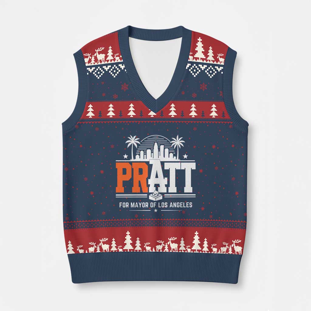 Pratt for Mayor of Los Angeles Retro Skyline Graphic V-Neck Knit Sweater Vest Support Local Leadership LA City California Pride TS02 Navy Red Print Your Wear