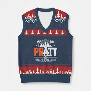 Pratt for Mayor of Los Angeles Retro Skyline Graphic V-Neck Knit Sweater Vest Support Local Leadership LA City California Pride TS02 Navy Red Print Your Wear