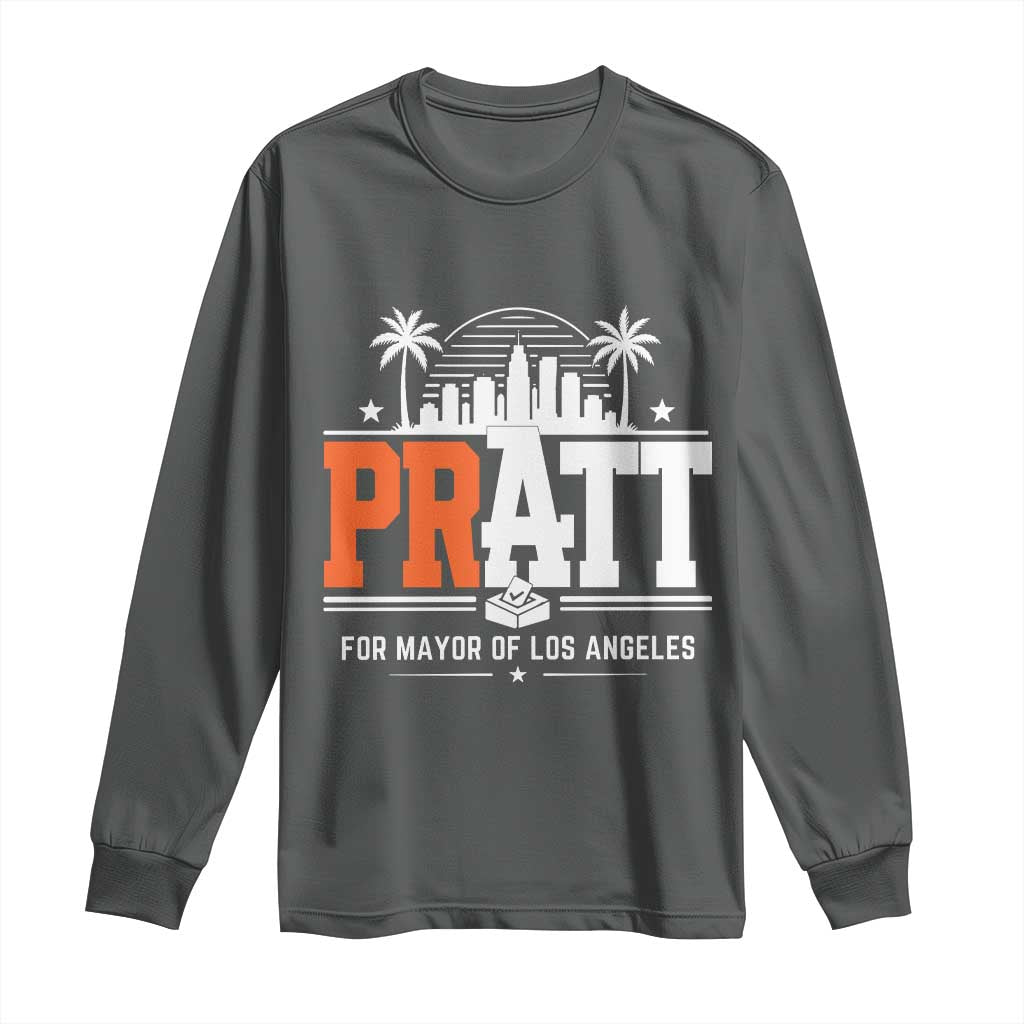 Pratt for Mayor of Los Angeles Retro Skyline Graphic Long Sleeve Shirt Support Local Leadership LA City California Pride TS02 Dark Heather Print Your Wear