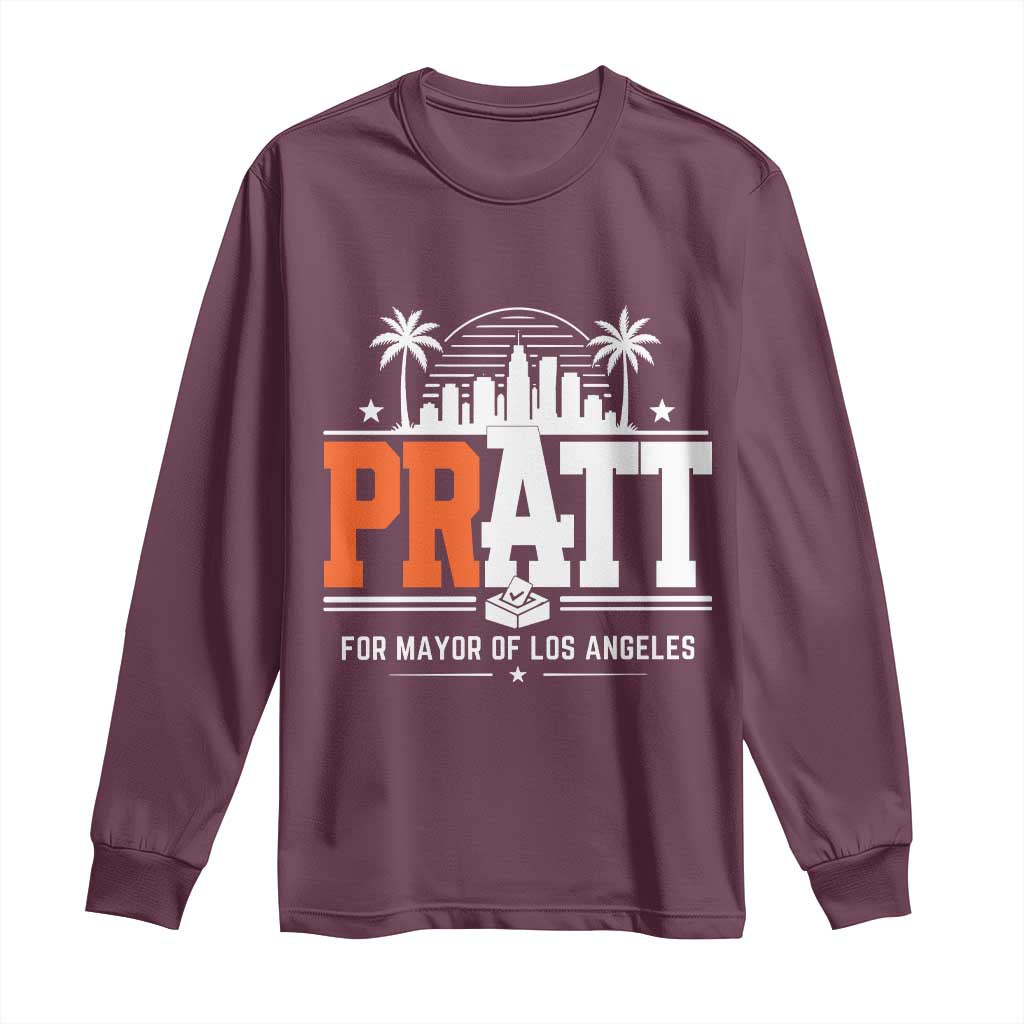 Pratt for Mayor of Los Angeles Retro Skyline Graphic Long Sleeve Shirt Support Local Leadership LA City California Pride TS02 Maroon Print Your Wear