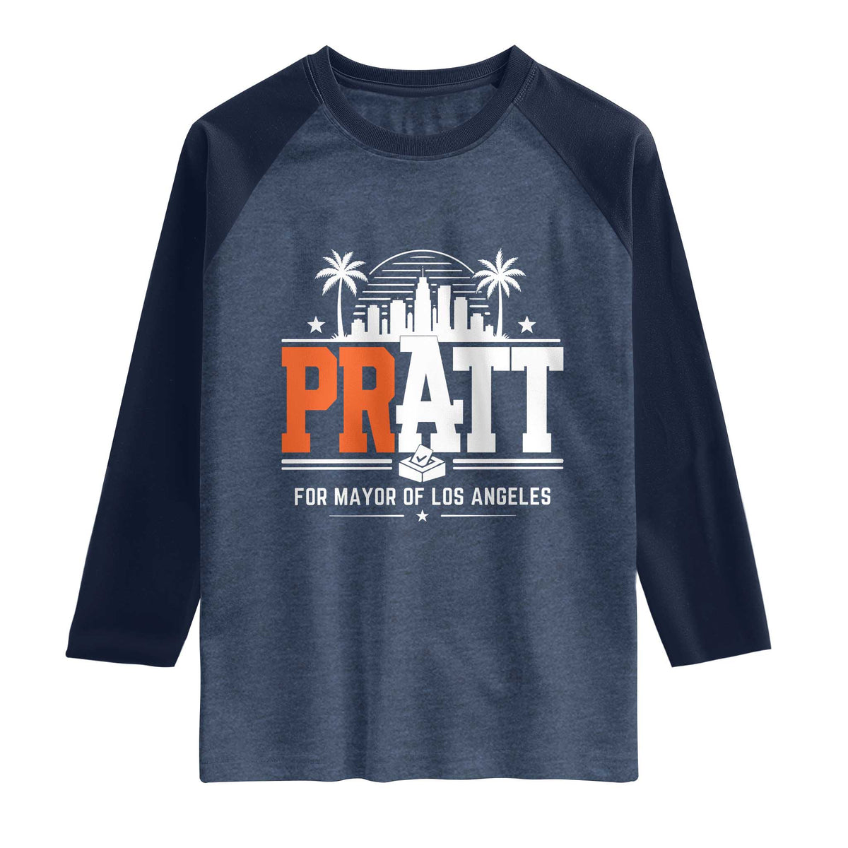Pratt for Mayor of Los Angeles Retro Skyline Graphic Raglan Shirt Support Local Leadership LA City California Pride TS02 Heather Denim Navy Print Your Wear