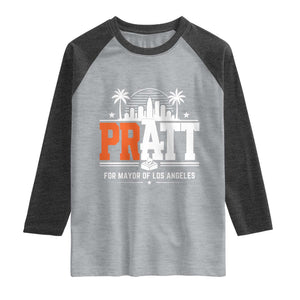 Pratt for Mayor of Los Angeles Retro Skyline Graphic Raglan Shirt Support Local Leadership LA City California Pride TS02 Heather Gray Heather Charcoal Print Your Wear