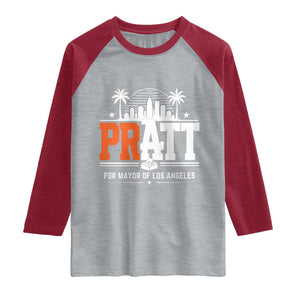 Pratt for Mayor of Los Angeles Retro Skyline Graphic Raglan Shirt Support Local Leadership LA City California Pride TS02 Heather Gray Heather Red Print Your Wear