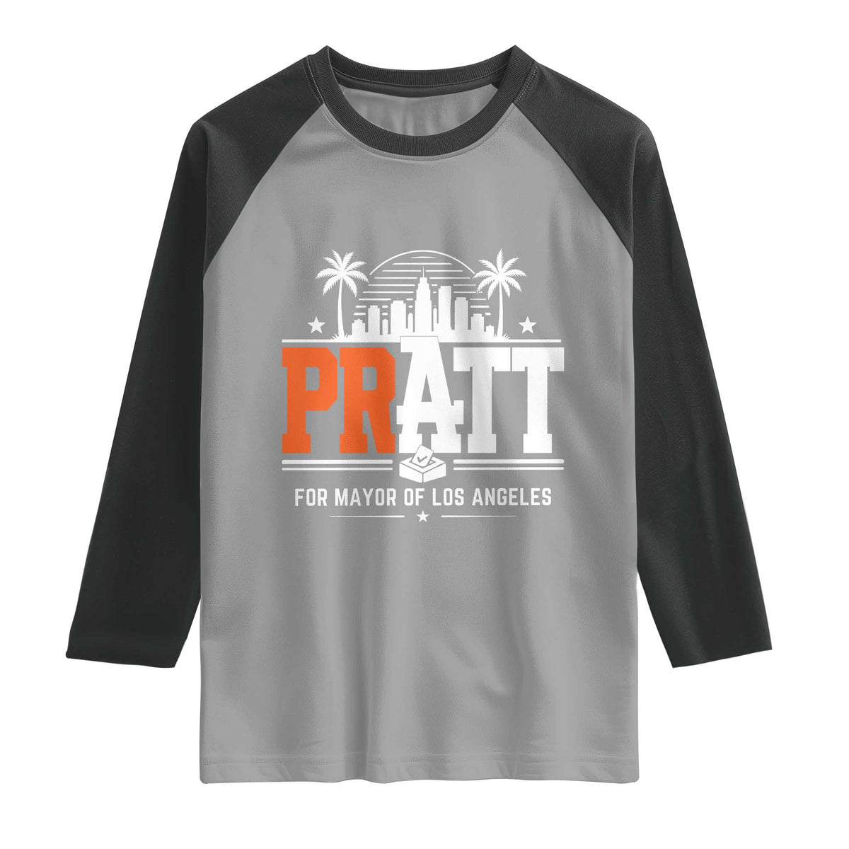 Pratt for Mayor of Los Angeles Retro Skyline Graphic Raglan Shirt Support Local Leadership LA City California Pride TS02 Sport Gray Black Print Your Wear