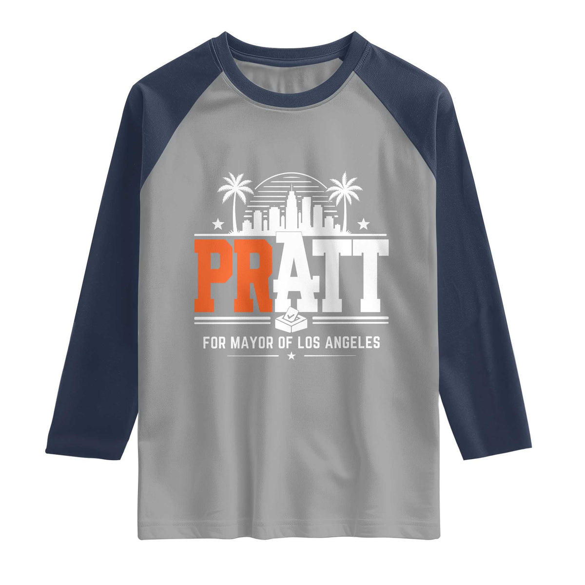Pratt for Mayor of Los Angeles Retro Skyline Graphic Raglan Shirt Support Local Leadership LA City California Pride TS02 Sport Gray Navy Print Your Wear