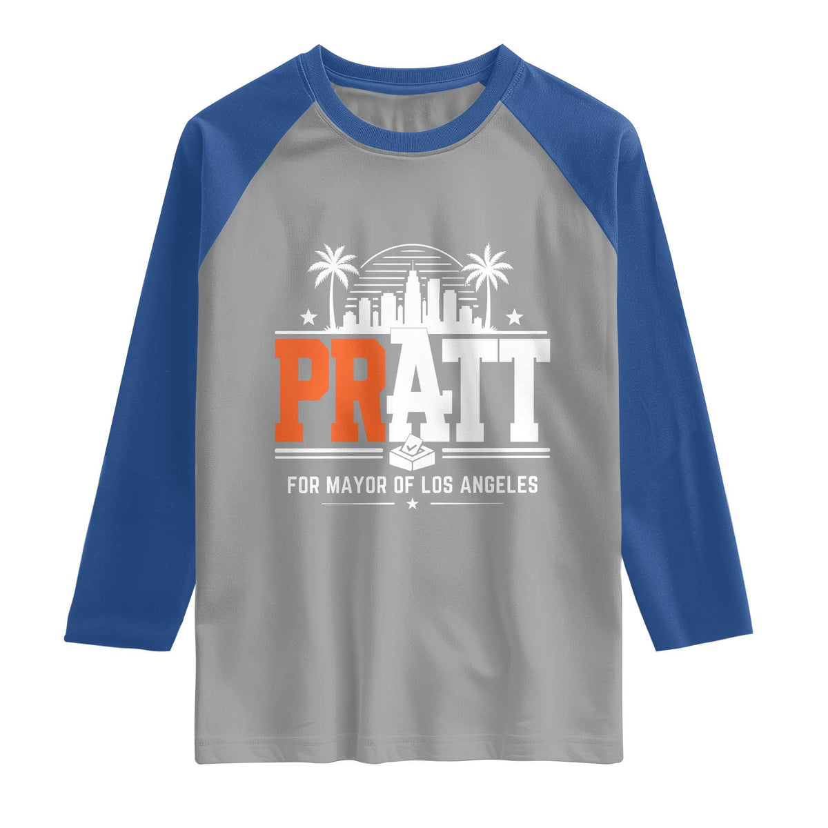 Pratt for Mayor of Los Angeles Retro Skyline Graphic Raglan Shirt Support Local Leadership LA City California Pride TS02 Sport Gray Royal Print Your Wear