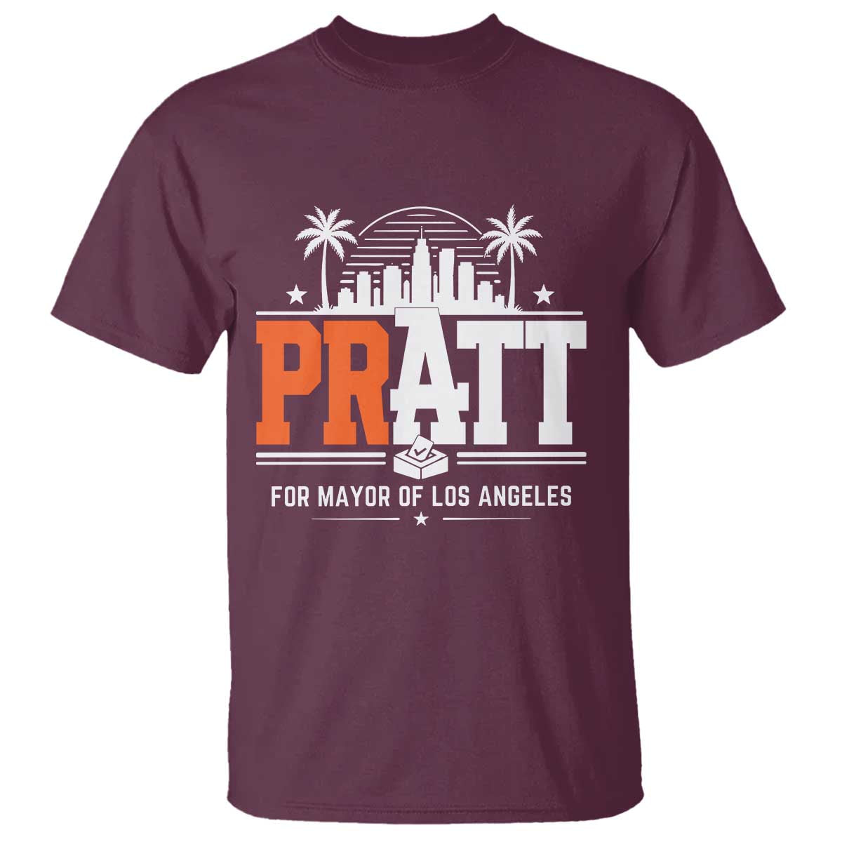 Pratt for Mayor of Los Angeles Retro Skyline Graphic T Shirt Support Local Leadership LA City California Pride TS02 Maroon Print Your Wear