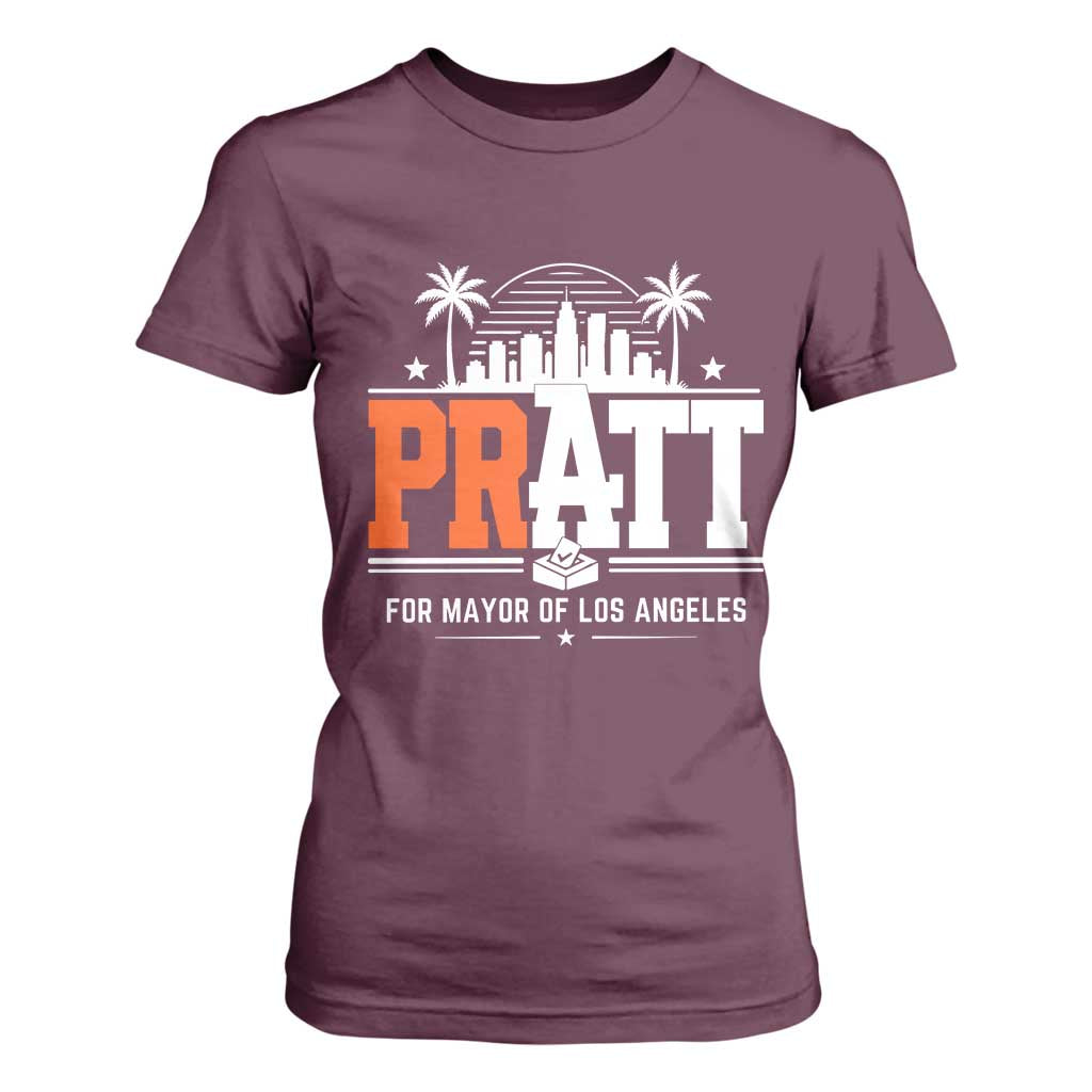 Pratt for Mayor of Los Angeles Retro Skyline Graphic T Shirt For Women Support Local Leadership LA City California Pride TS02 Maroon Print Your Wear
