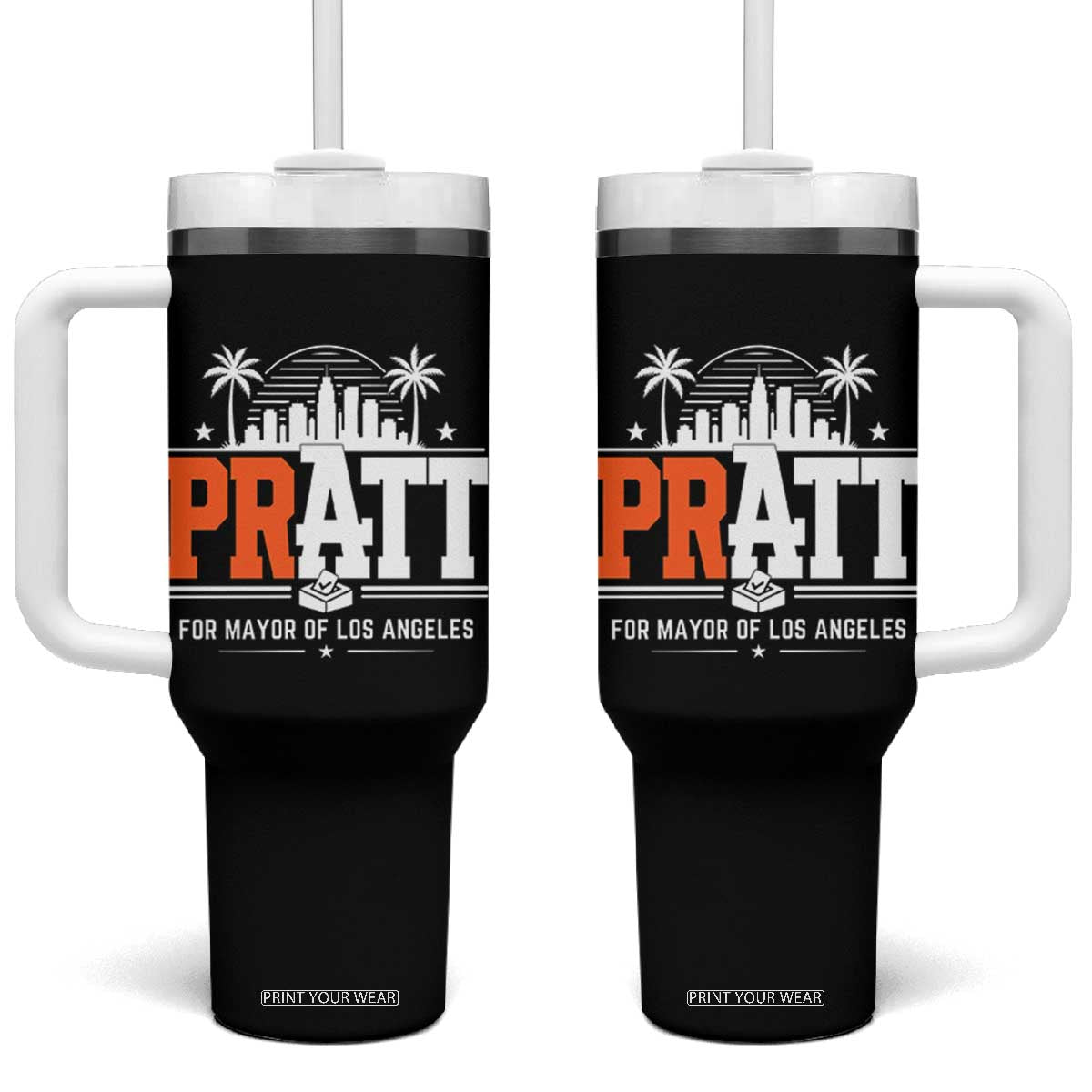 Pratt for Mayor of Los Angeles Retro Skyline Graphic Tumbler With Handle Support Local Leadership LA City California Pride TS02 One Size: 40 oz Black Print Your Wear