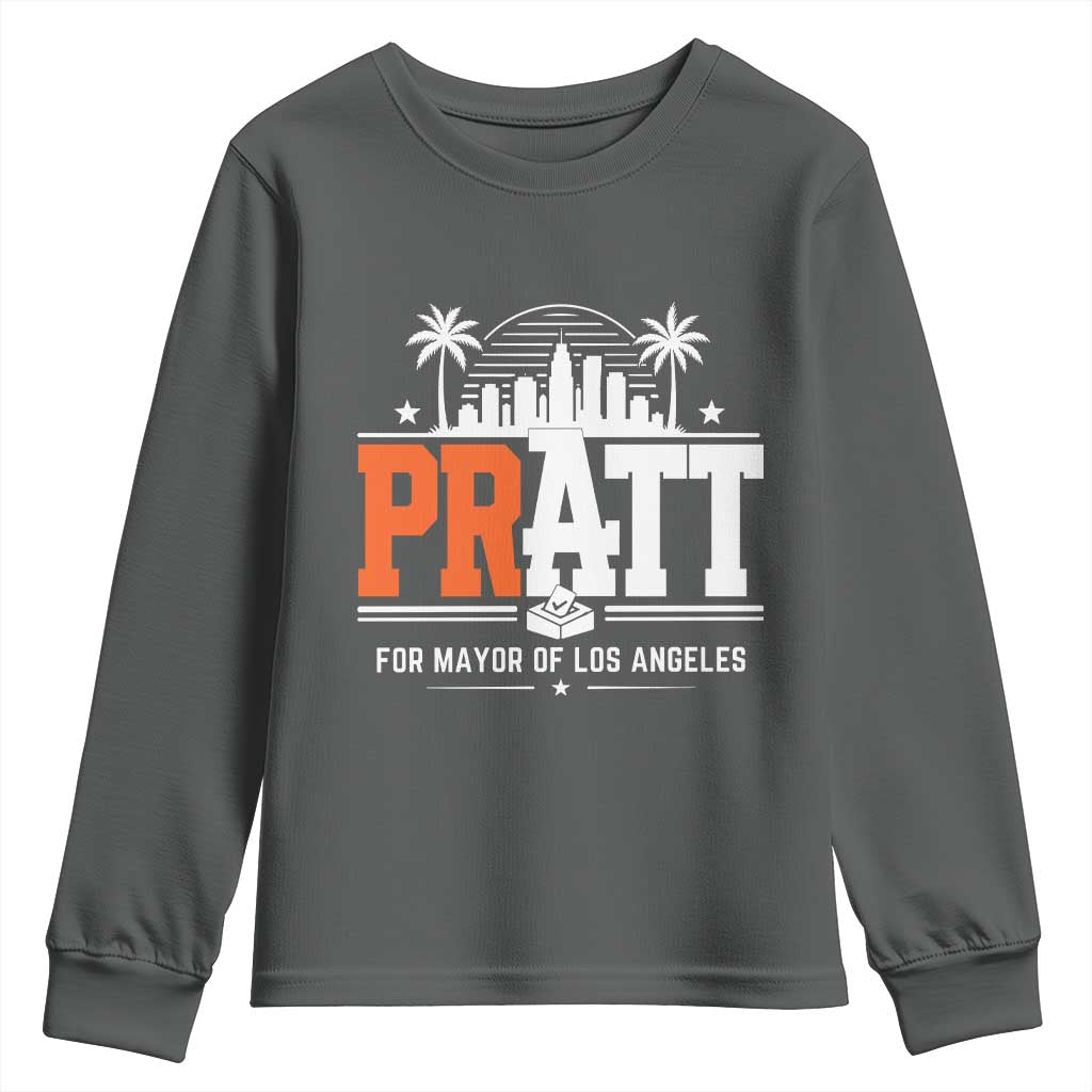 Pratt for Mayor of Los Angeles Retro Skyline Graphic Youth Sweatshirt Support Local Leadership LA City California Pride TS02 Dark Heather Print Your Wear