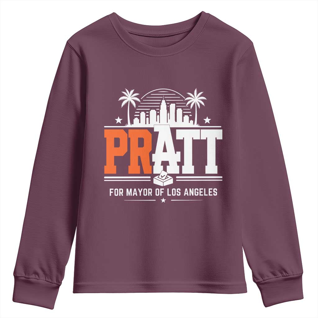 Pratt for Mayor of Los Angeles Retro Skyline Graphic Youth Sweatshirt Support Local Leadership LA City California Pride TS02 Maroon Print Your Wear