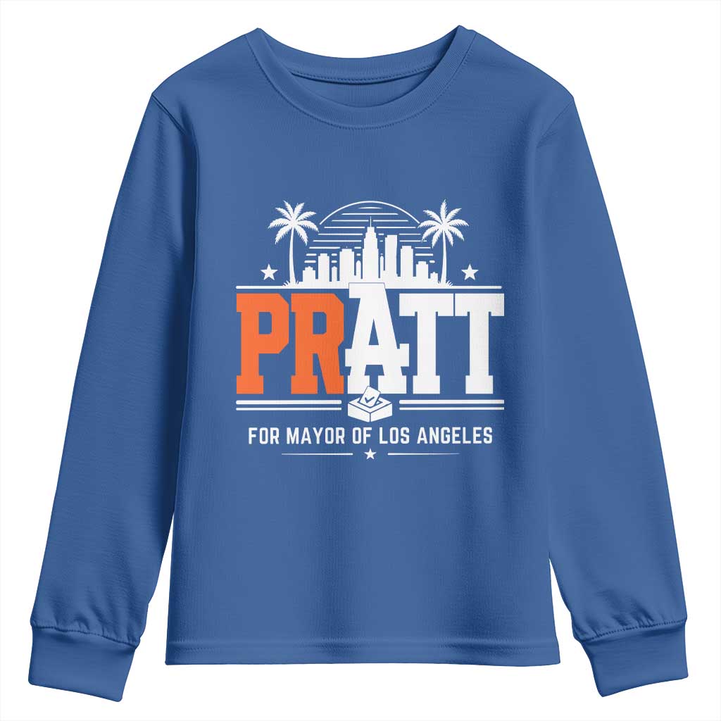 Pratt for Mayor of Los Angeles Retro Skyline Graphic Youth Sweatshirt Support Local Leadership LA City California Pride TS02 Royal Blue Print Your Wear