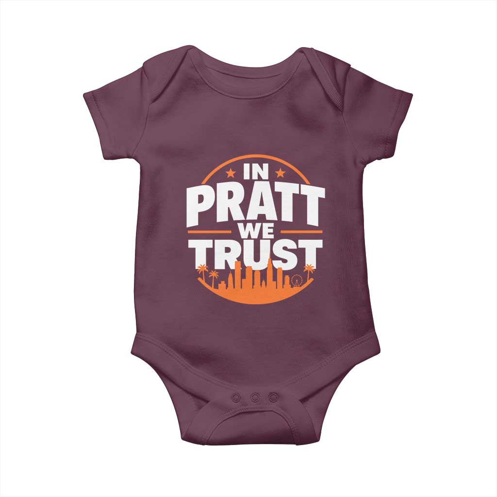 In Pratt We Trust Los Angeles Skyline Graphic Baby Onesie Patriotic LA City California Pride Local Leadership TS02 Maroon Print Your Wear