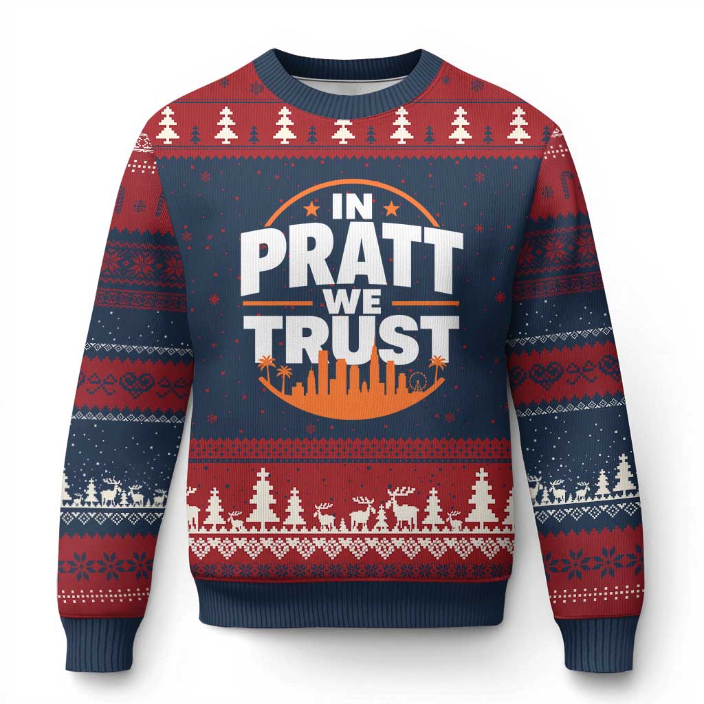 In Pratt We Trust Los Angeles Skyline Graphic Ugly Christmas Sweater Patriotic LA City California Pride Local Leadership TS02 Navy Red Print Your Wear