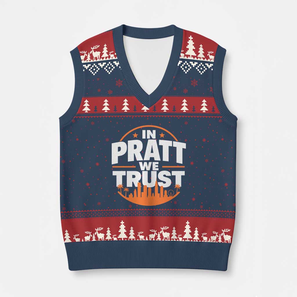 In Pratt We Trust Los Angeles Skyline Graphic V-Neck Knit Sweater Vest Patriotic LA City California Pride Local Leadership TS02 Navy Red Print Your Wear