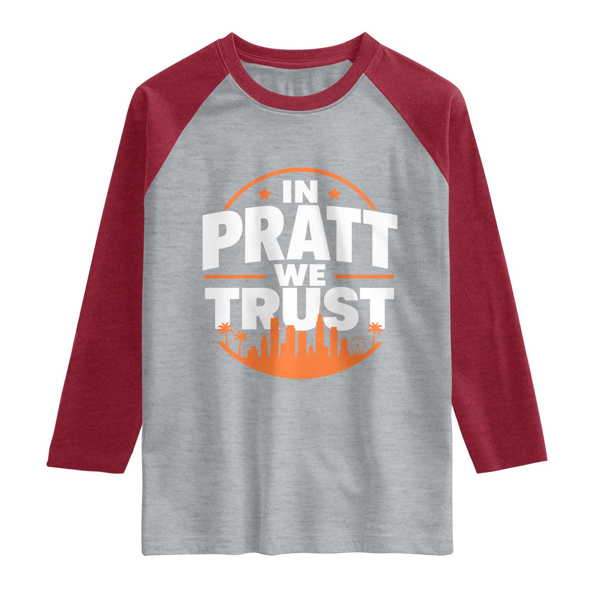 In Pratt We Trust Los Angeles Skyline Graphic Raglan Shirt Patriotic LA City California Pride Local Leadership TS02 Heather Gray Heather Red Print Your Wear