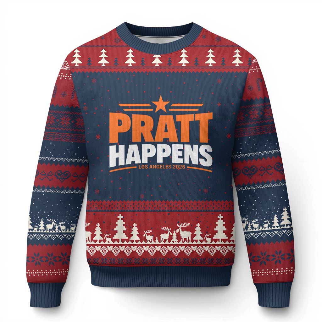 Pratt Happens Los Angeles 2026 Ugly Christmas Sweater Funny Political Patriotic LA City California Pride Leadership TS02 Navy Red Print Your Wear