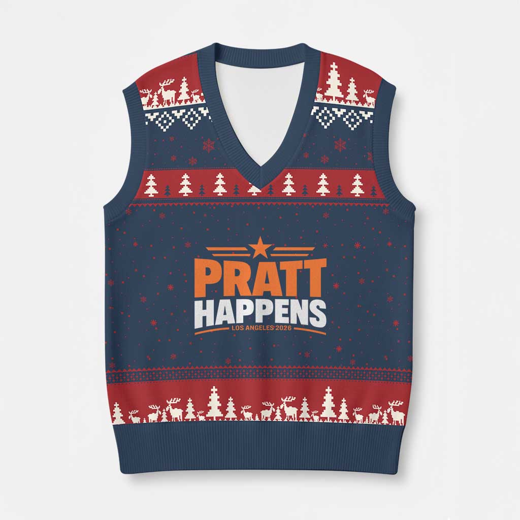 Pratt Happens Los Angeles 2026 V-Neck Knit Sweater Vest Funny Political Patriotic LA City California Pride Leadership TS02 Navy Red Print Your Wear