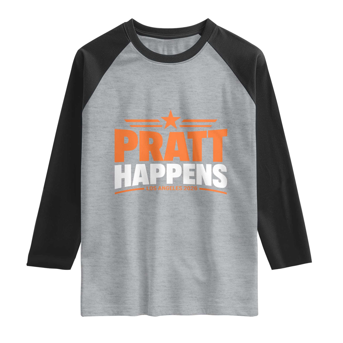 Pratt Happens Los Angeles 2026 Raglan Shirt Funny Political Patriotic LA City California Pride Leadership TS02 Heather Gray Black Print Your Wear