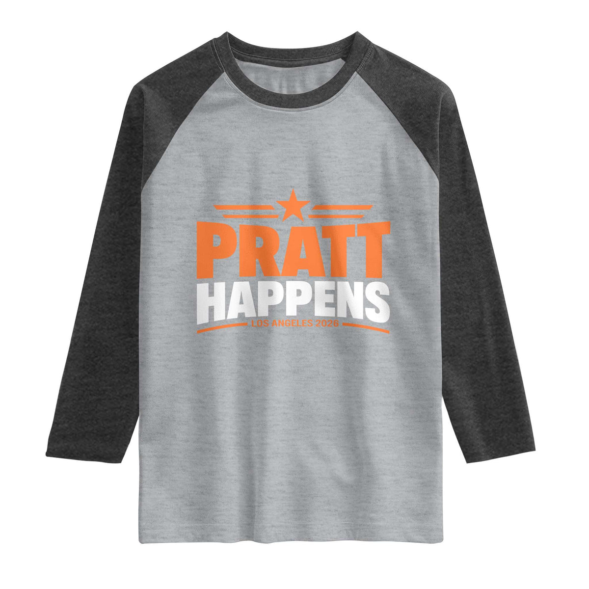 Pratt Happens Los Angeles 2026 Raglan Shirt Funny Political Patriotic LA City California Pride Leadership TS02 Heather Gray Heather Charcoal Print Your Wear