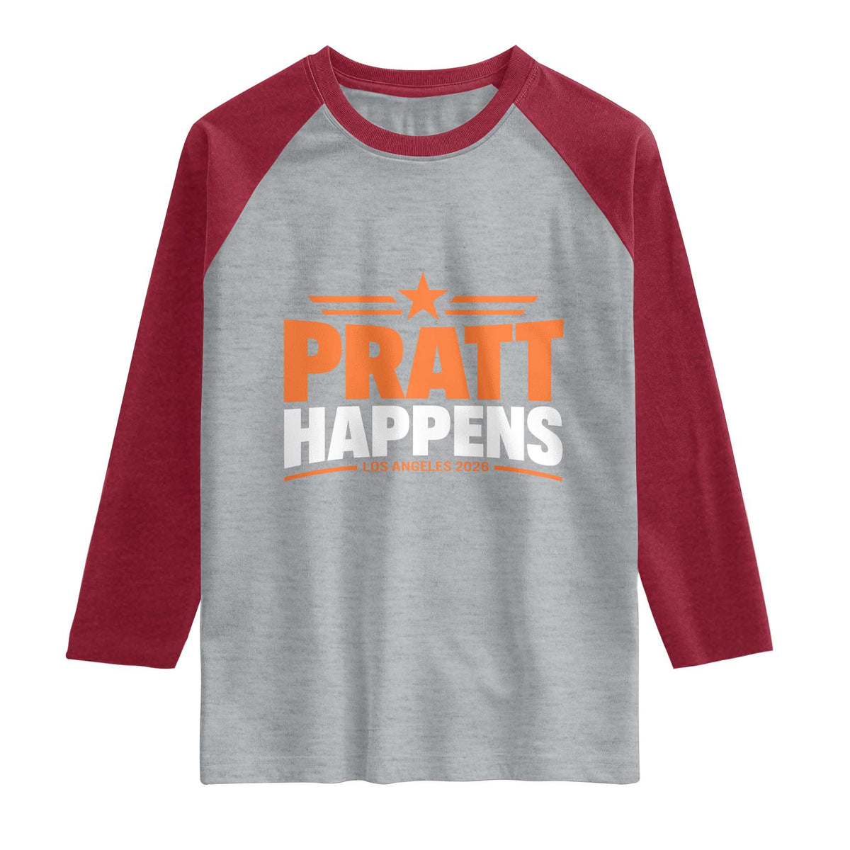 Pratt Happens Los Angeles 2026 Raglan Shirt Funny Political Patriotic LA City California Pride Leadership TS02 Heather Gray Heather Red Print Your Wear
