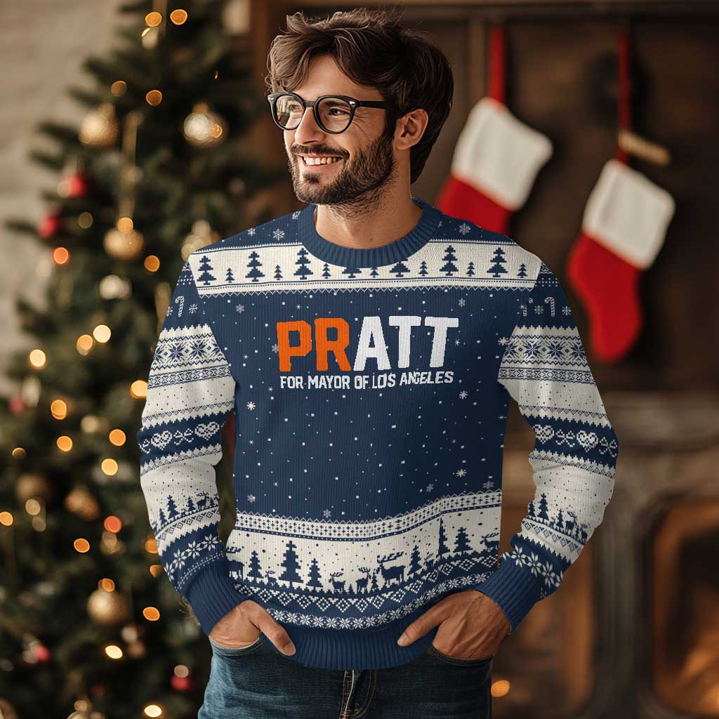 Pratt for Mayor Los Angeles Ugly Christmas Sweater LA City Caliornia Pride Political Campaign Supporter TS02 Navy Beige Print Your Wear