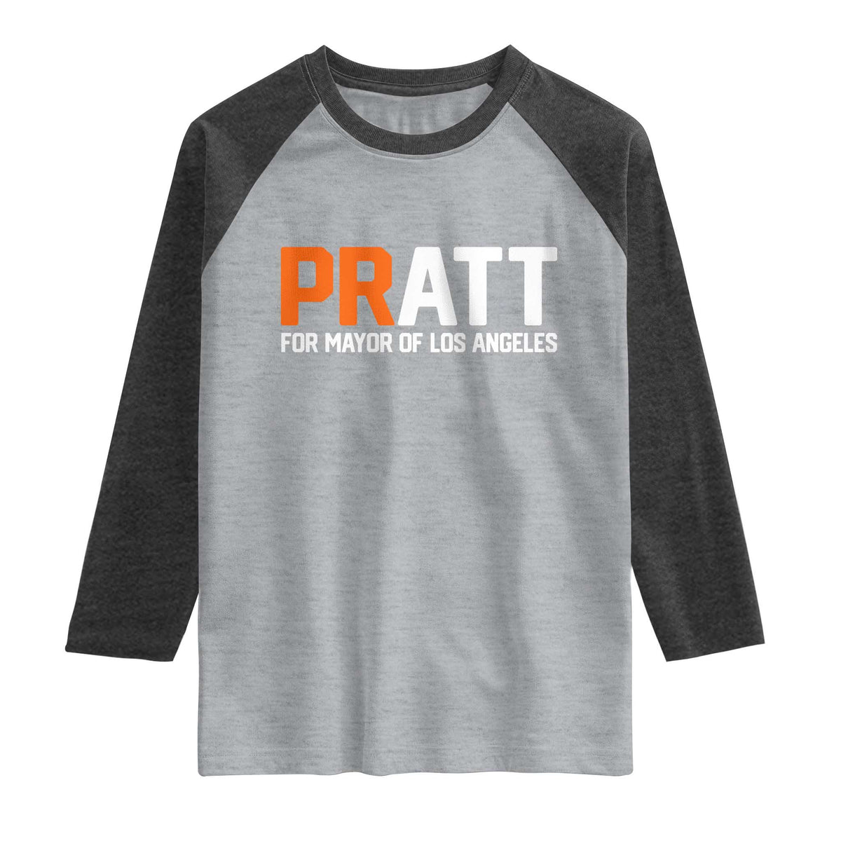 Pratt for Mayor Los Angeles Raglan Shirt LA City Caliornia Pride Political Campaign Supporter TS02 Heather Gray Heather Charcoal Print Your Wear