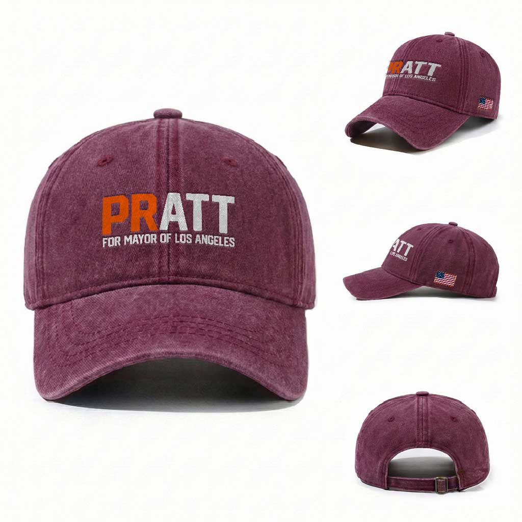 Pratt for Mayor Los Angeles Washed Cotton Baseball Cap LA City Caliornia Pride Political Campaign Supporter TS02 Washed Cap Universal Fit Burgundy Print Your Wear